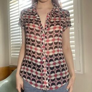 Y2K Sheer Geometric Print Button-Up